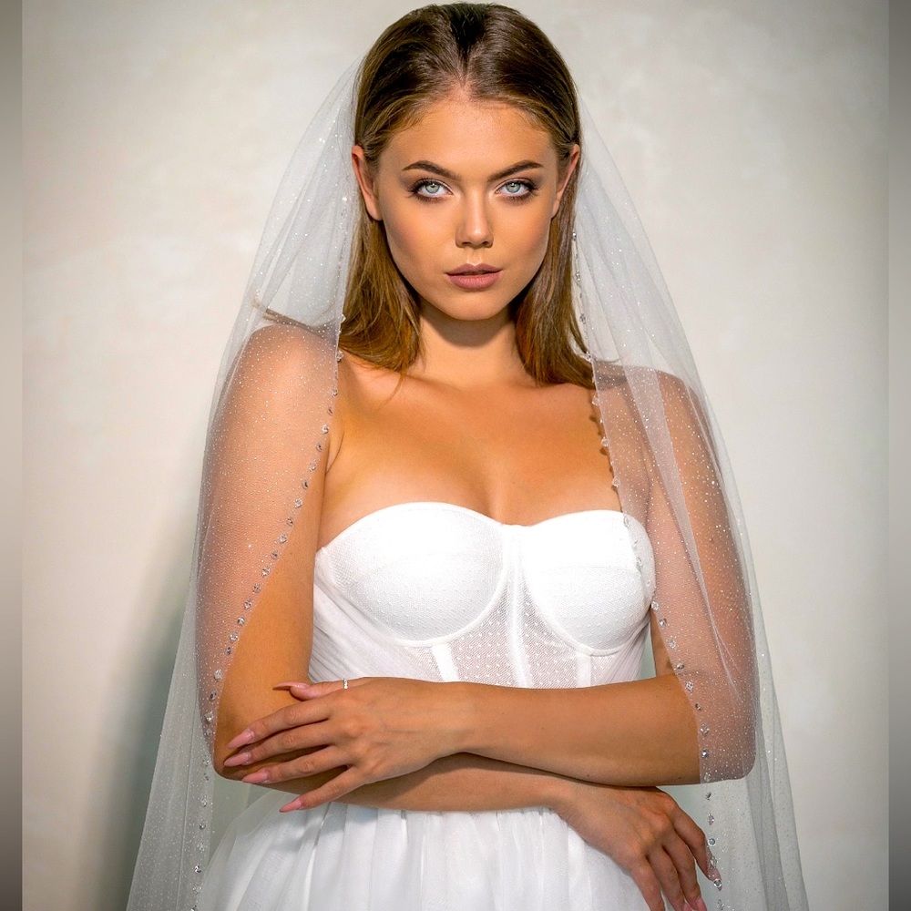 Glitter beaded edging tulle veil